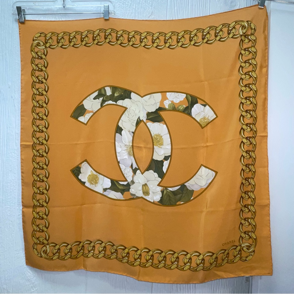 Vintage Chanel Scarf Camellia Gold Luxury 100 Silk Scarf